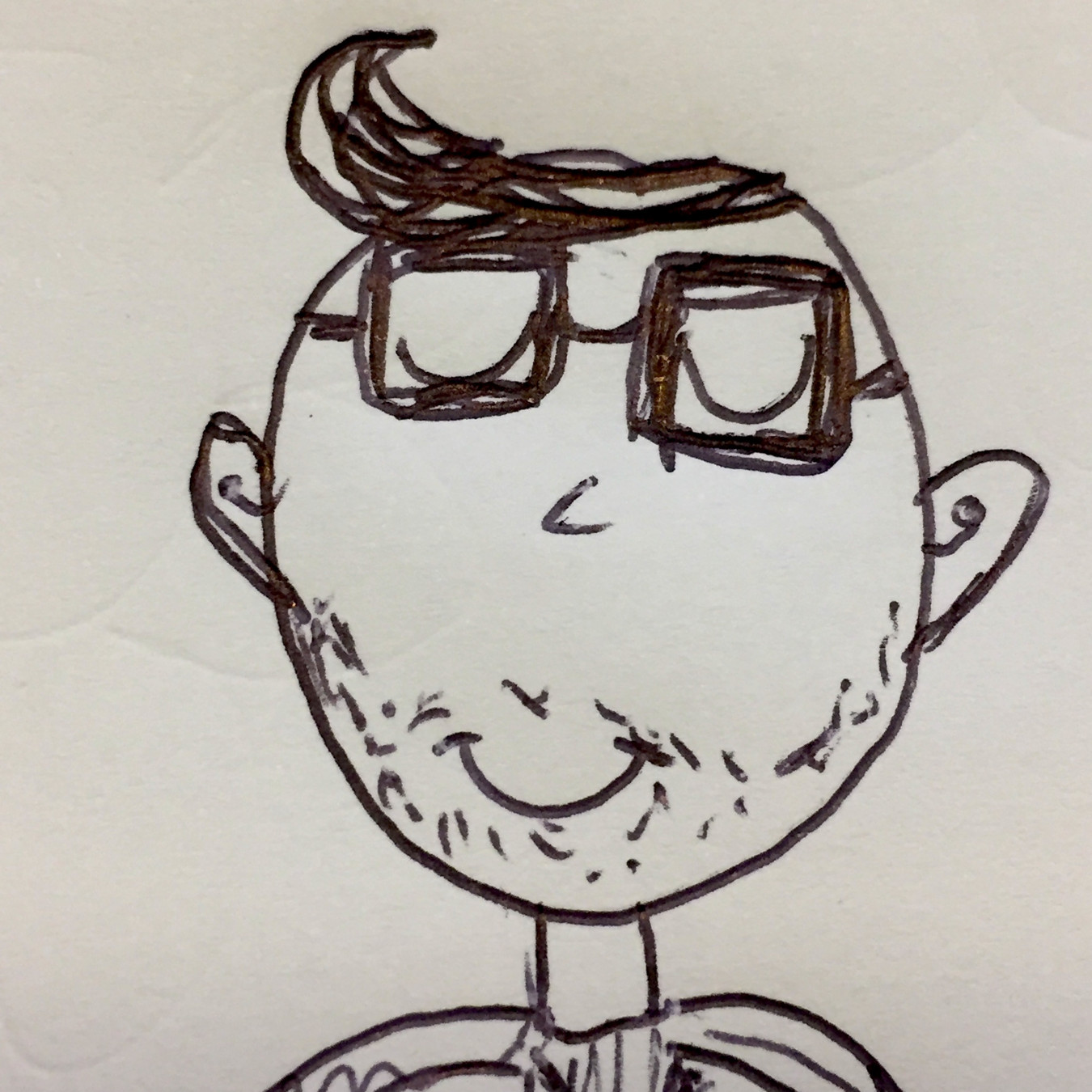 An illustration drawing of David Clarke with big glasses used black ink.