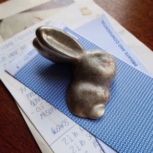 Image of a cast metal pewter bunny paper weight, paperweight, giftware, present or corporate gift. Made in UK